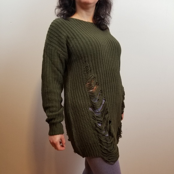 NWT Olive Green Ripped distressed long sweater - Picture 1 of 5
